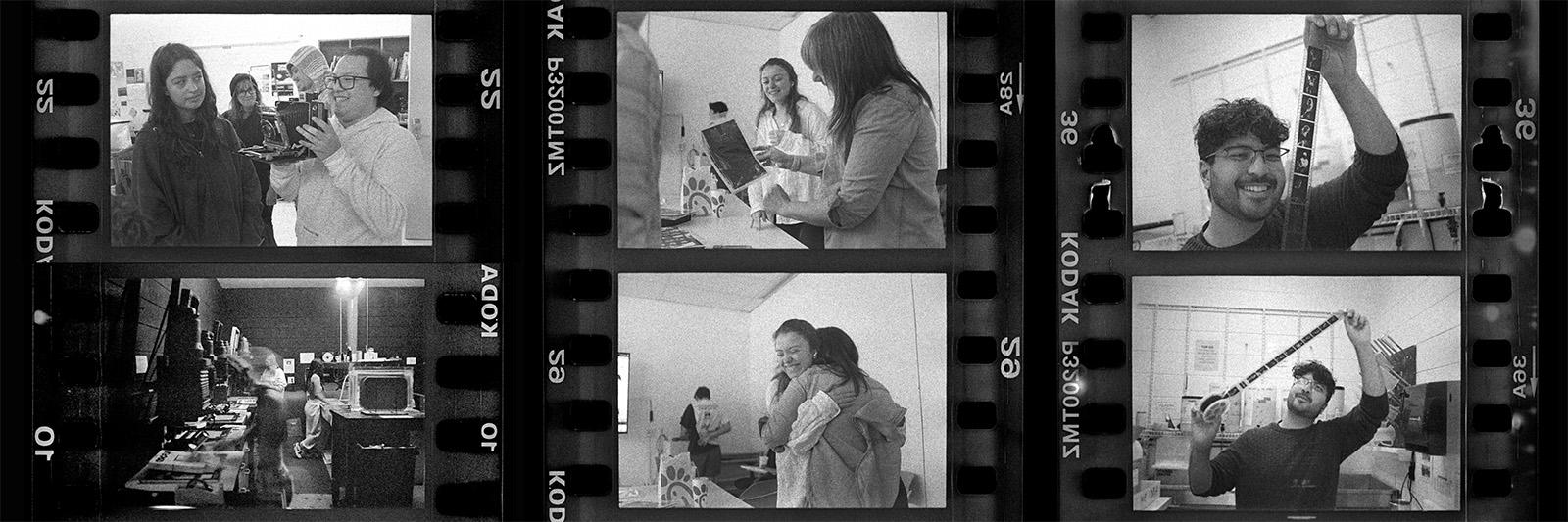 Six-photo collage of students working in a film photography class. Two photos are of a student smiling and holding up strips of film; two more are of students looking at pictures and hugging; and the last two are of talking while holding cameras.